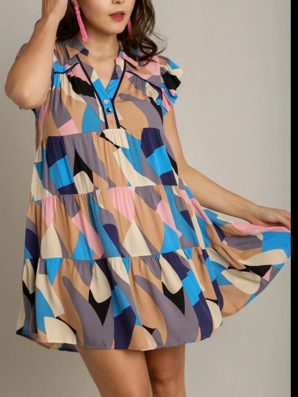 Umgee Printed Ruffle Cap Sleeve abstract print Southern bohemian  tunic  dress L